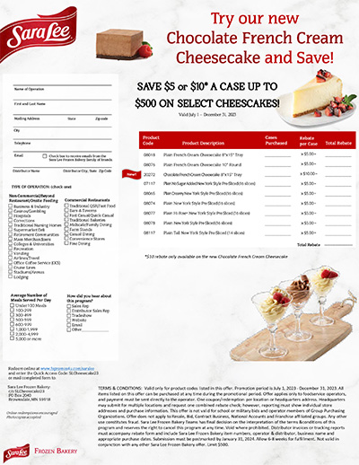 Sara Lee<sup>&reg;</sup> Cheesecake Operator Rebate
